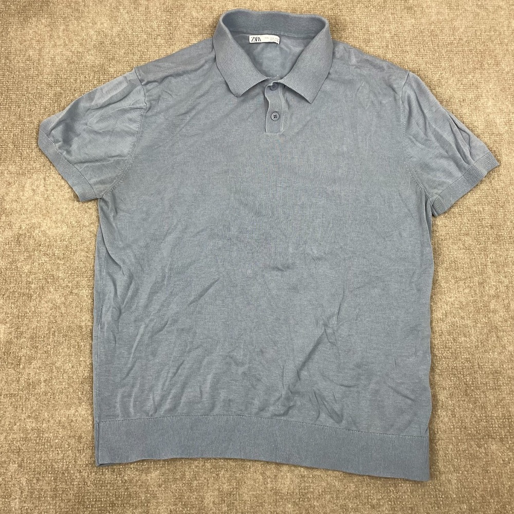 Zara Polo Shirt Mens Large Slate Gray Knit Ribbed Hem Athletic Sportswear Golf